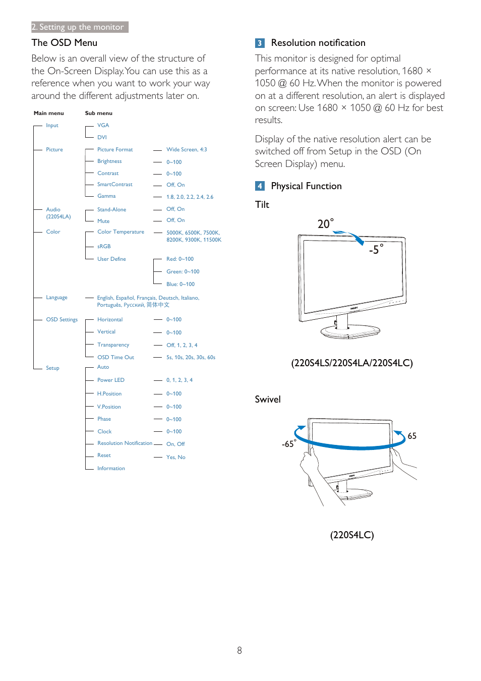 220s4lc), Setting up the monitor | Philips 220S4LSB-00 User Manual | Page 10 / 44