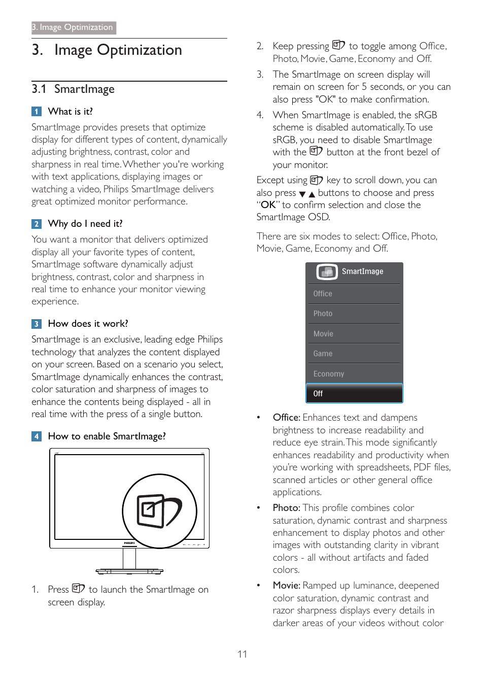 Image optimization, 1 smartimage | Philips 220S4LSB-00 User Manual | Page 13 / 44