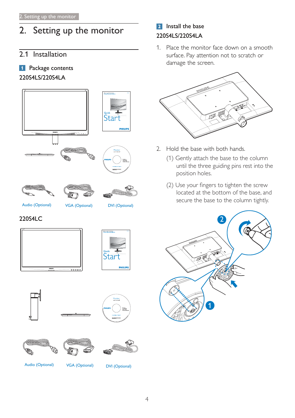 Setting up the monitor, 1 installation | Philips 220S4LSB-00 User Manual | Page 6 / 44