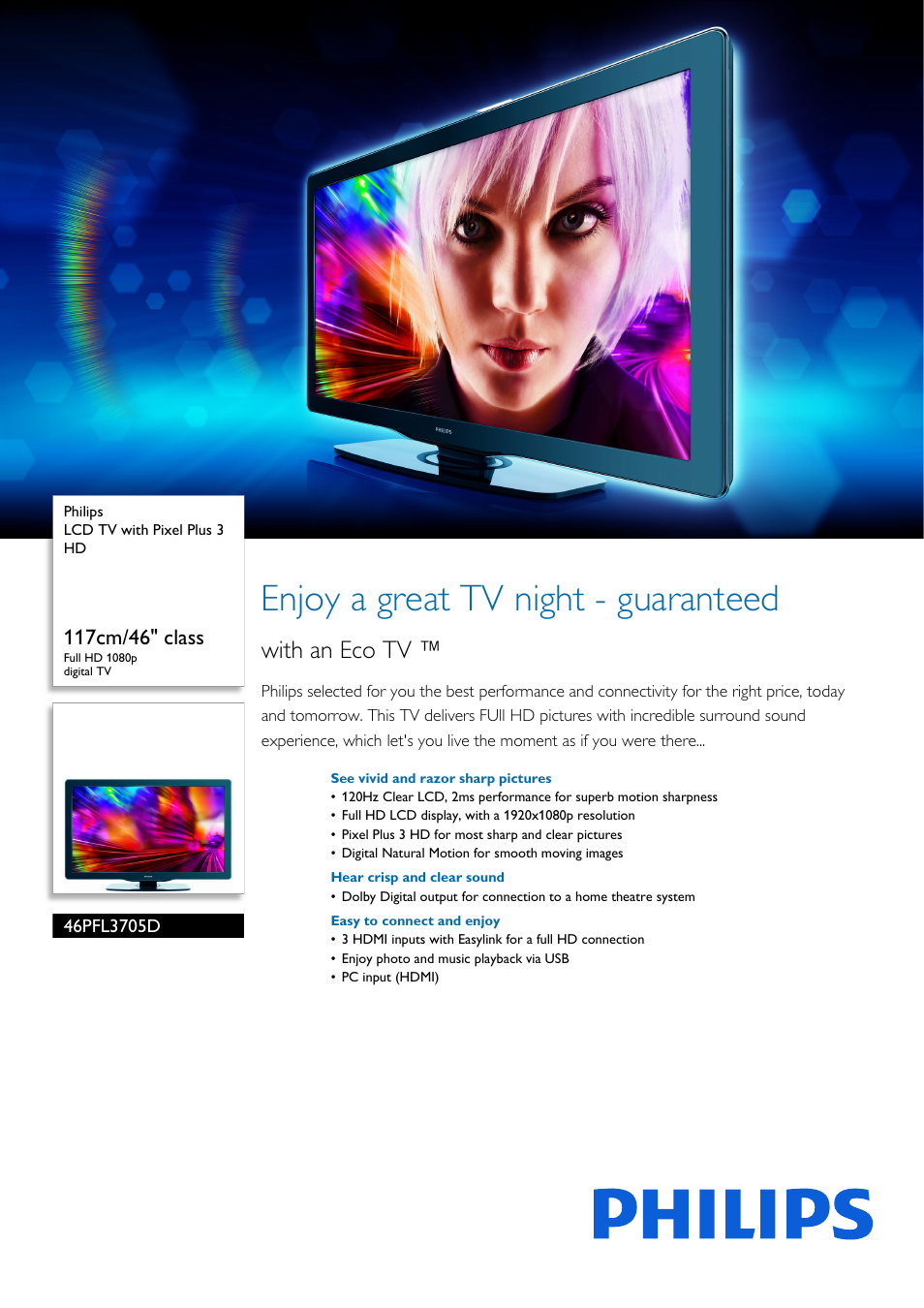 Philips 46PFL3705D-F7 User Manual | 3 pages
