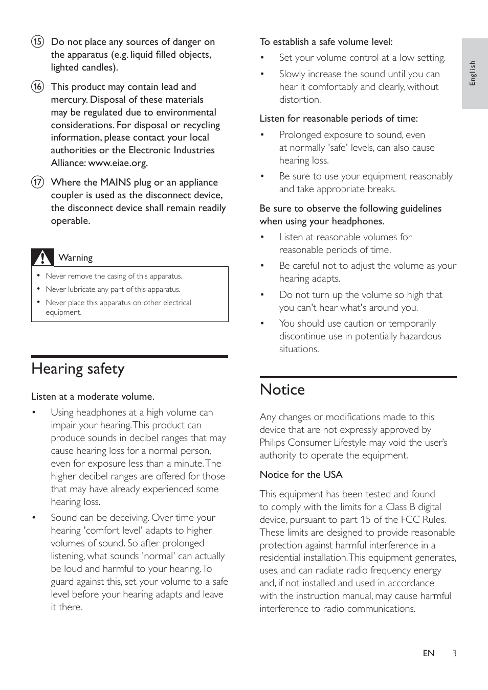 Hearing safety, Notice, Notice 3 | Philips SPA4355-37 User Manual | Page 5 / 12