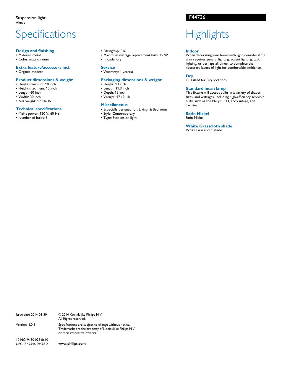Specifications, Highlights | Philips F44736 User Manual | Page 2 / 2