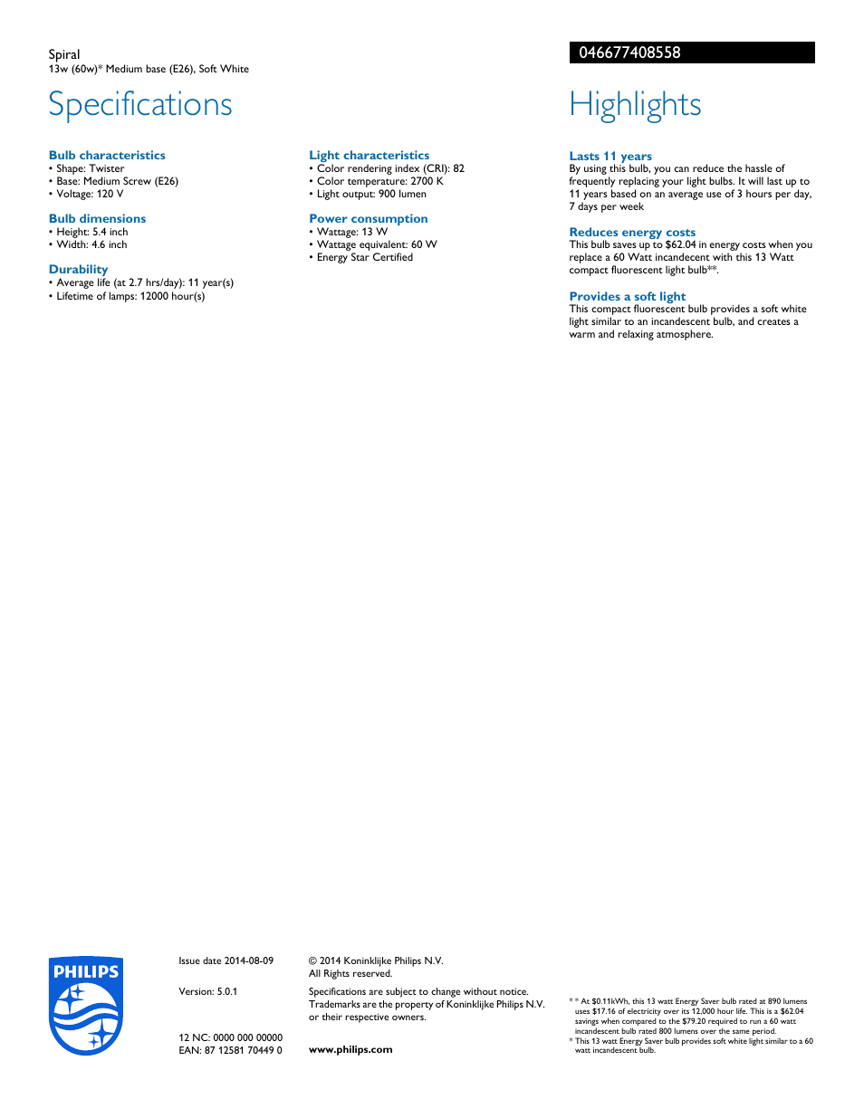 Specifications, Highlights | Philips 046677408558 User Manual | Page 2 / 2