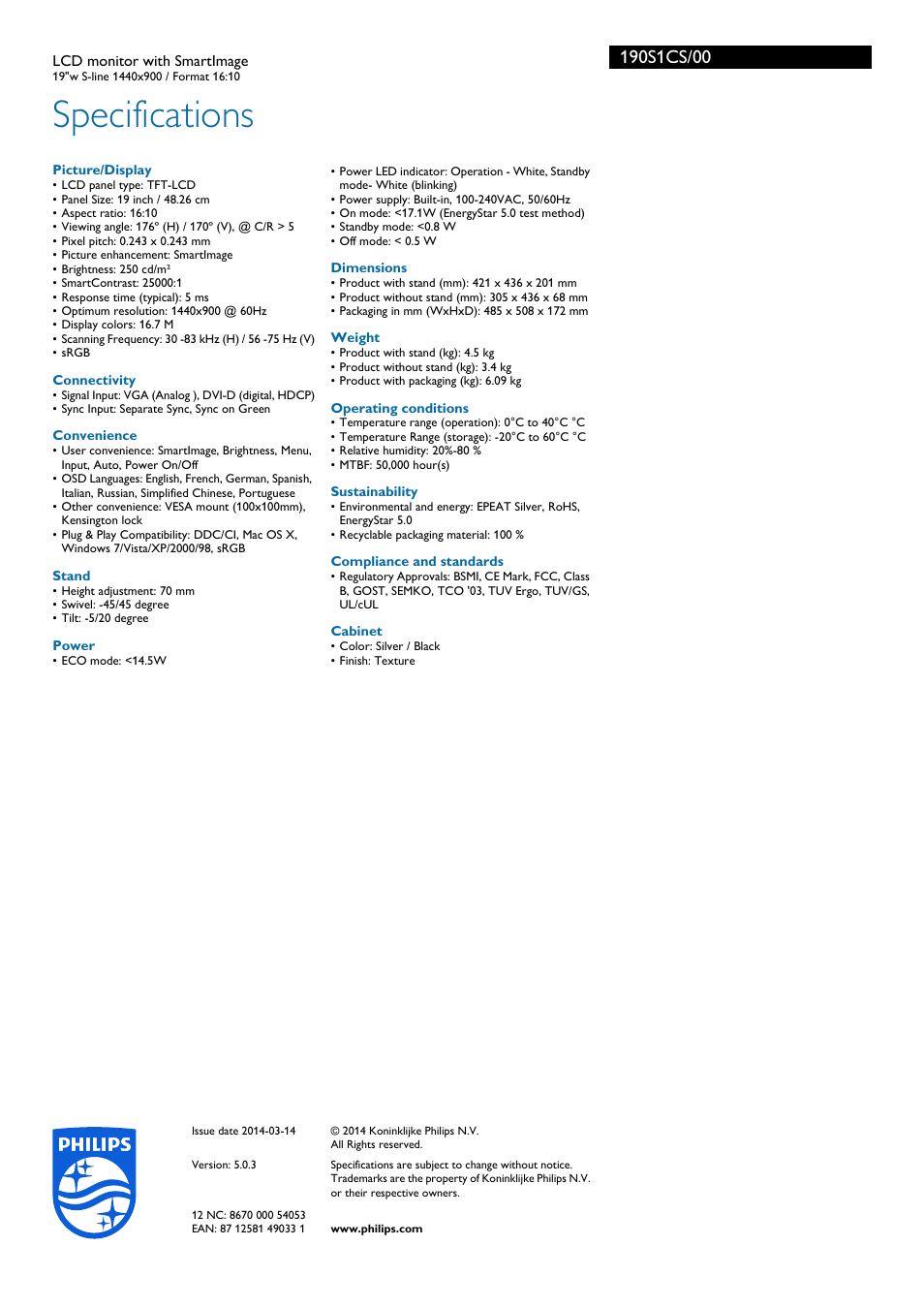 Specifications | Philips 190S1CS-00 User Manual | Page 3 / 3