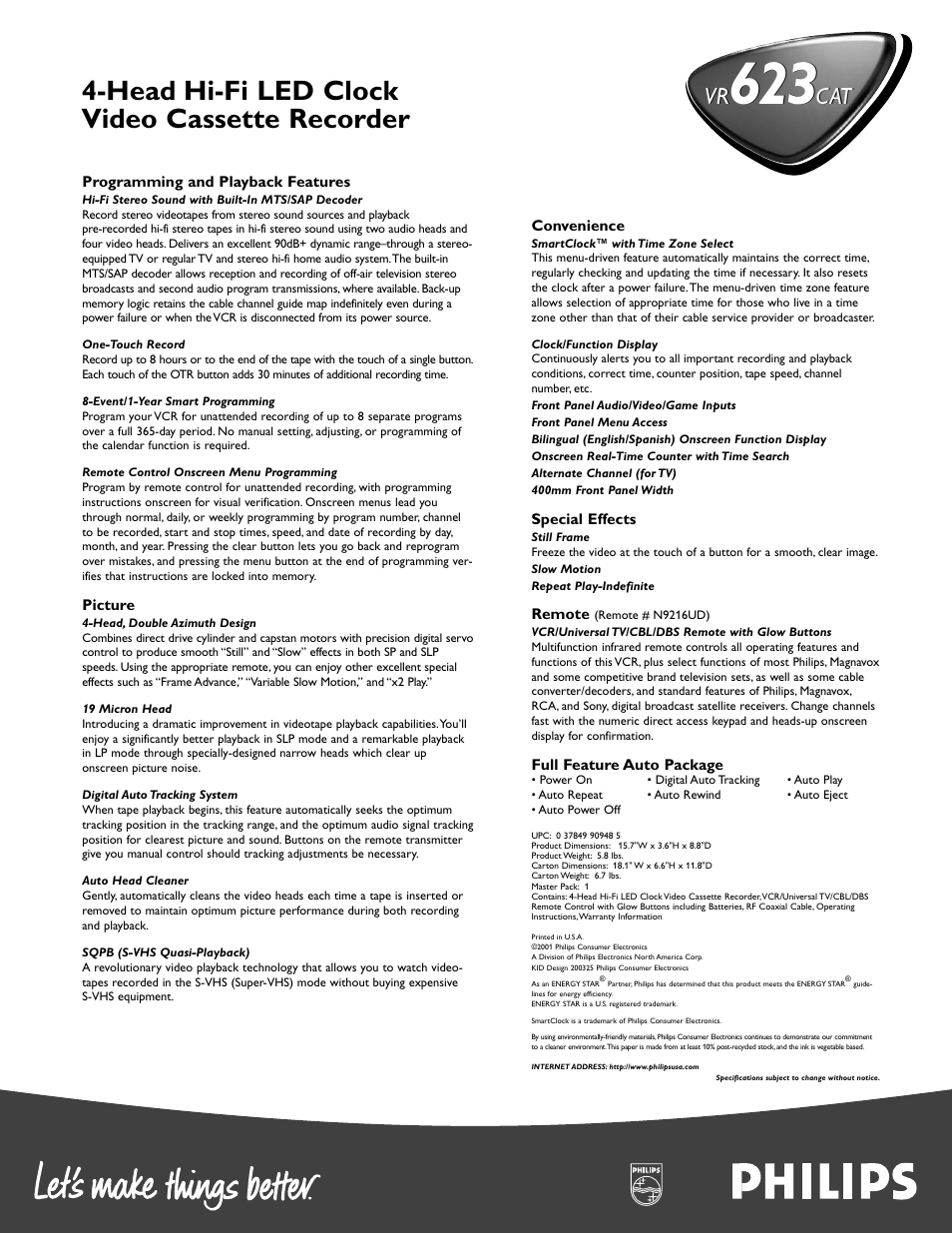 Head hi-fi led clock video cassette recorder, Cat vr | Philips VR623CAT99 User Manual | Page 2 / 2