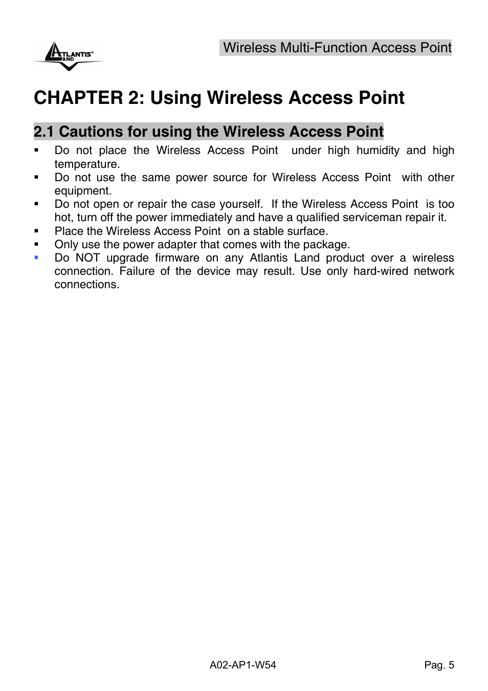 Chapter 2: using wireless access point, 1 cautions for using the wireless access point, Wireless multi-function access point | Atlantis Land A02-AP1-W54 User Manual | Page 12 / 53