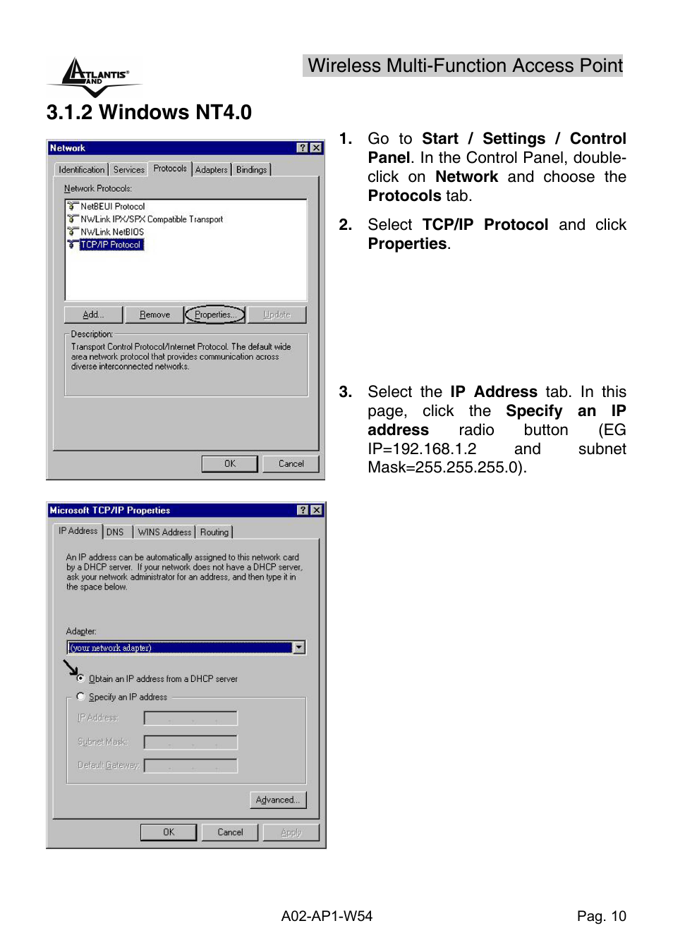 2 windows nt4.0, Wireless multi-function access point | Atlantis Land A02-AP1-W54 User Manual | Page 17 / 53