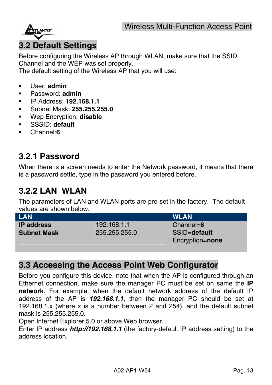 2 default settings, 1 password, 2 lan wlan | 3 accessing the access point web configurator, Wireless multi-function access point | Atlantis Land A02-AP1-W54 User Manual | Page 20 / 53