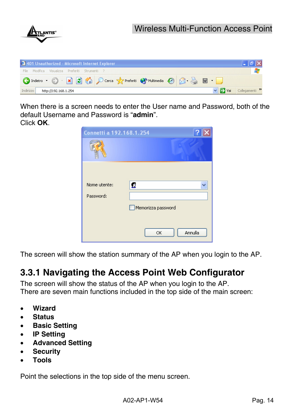 1 navigating the access point web configurator, Wireless multi-function access point | Atlantis Land A02-AP1-W54 User Manual | Page 21 / 53