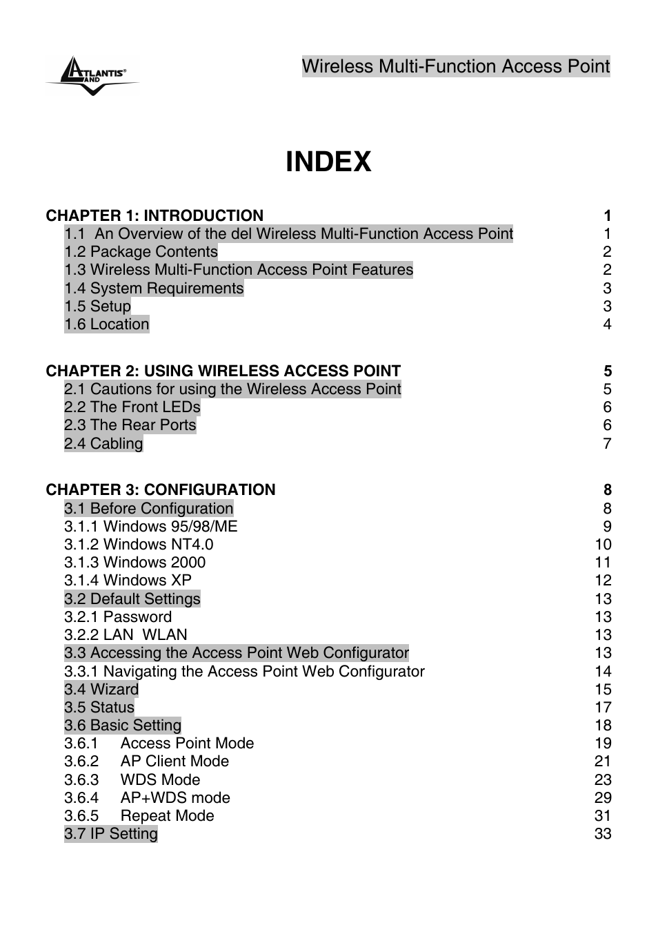 Index | Atlantis Land A02-AP1-W54 User Manual | Page 3 / 53