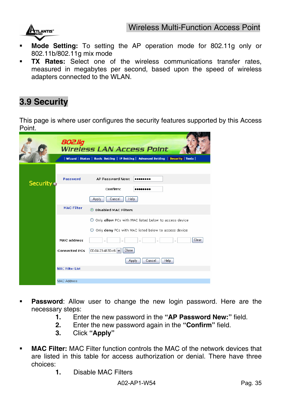 9 security, Wireless multi-function access point | Atlantis Land A02-AP1-W54 User Manual | Page 42 / 53