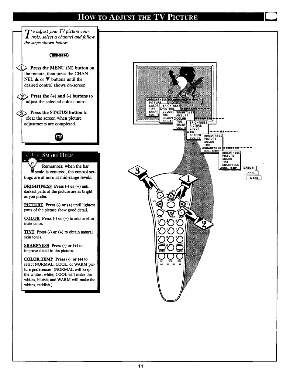 Djust, Icture | Philips COLOR TV 25 INCH TABLE User Manual | Page 11 / 28