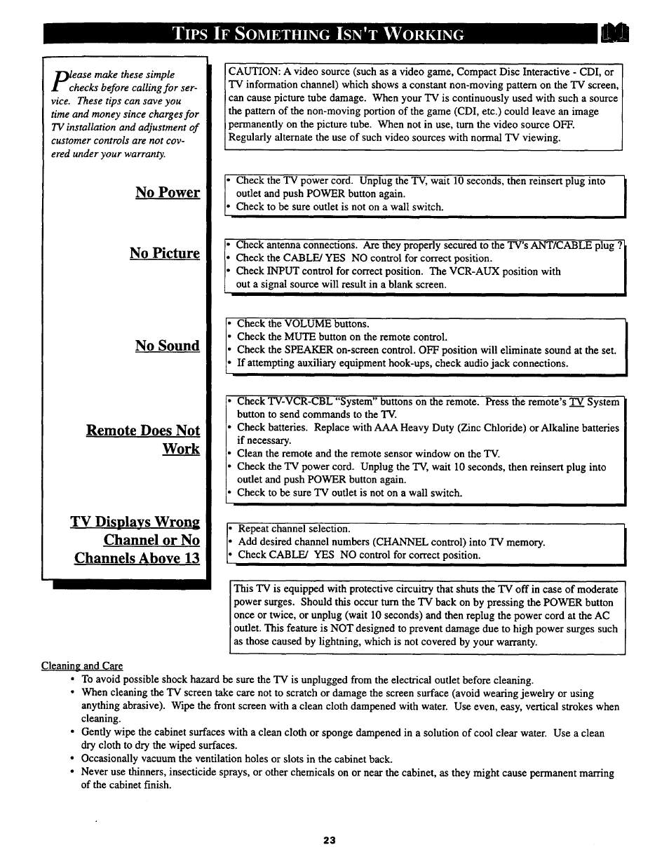 No power, No picture, No sound | Remote does not work, Tv displays wrong channel or no channels above 13 | Philips COLOR TV 25 INCH TABLE User Manual | Page 23 / 28