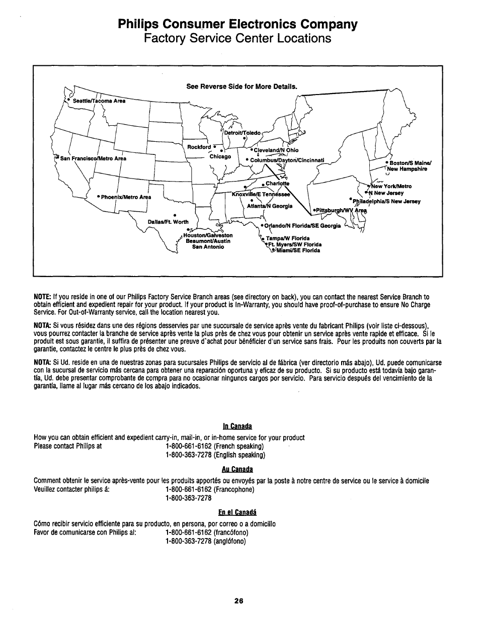 Factory service center locations, Philips consumer electronics company | Philips COLOR TV 25 INCH TABLE User Manual | Page 26 / 28