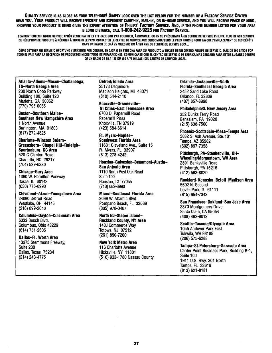 Detroit/toledo area, New york metro area | Philips COLOR TV 25 INCH TABLE User Manual | Page 27 / 28