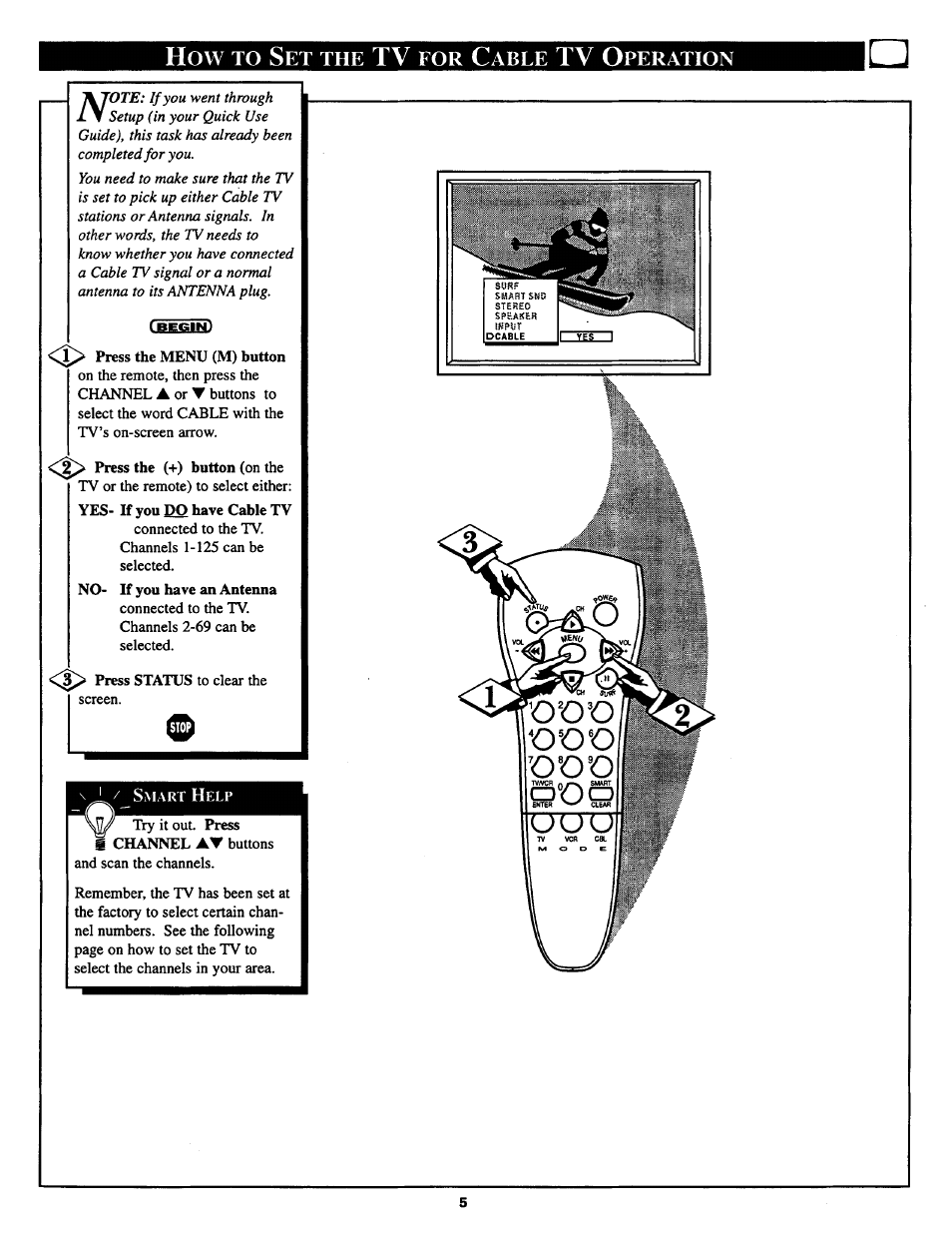 How to set the tv for cable tv operation, Setting the tv for cable tv operation | Philips COLOR TV 25 INCH TABLE User Manual | Page 5 / 28