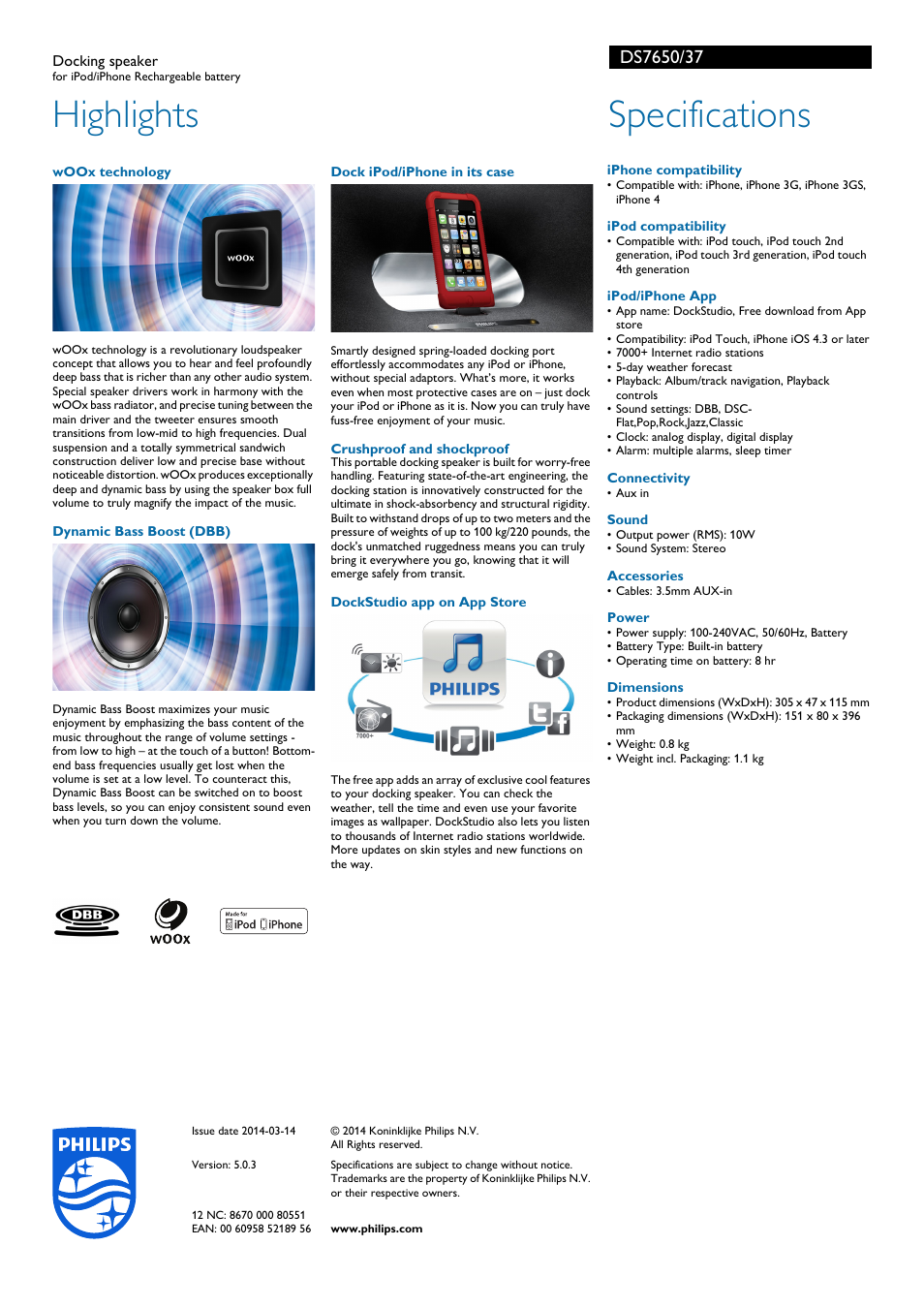 Highlights, Specifications | Philips DS7650-37 User Manual | Page 2 / 2