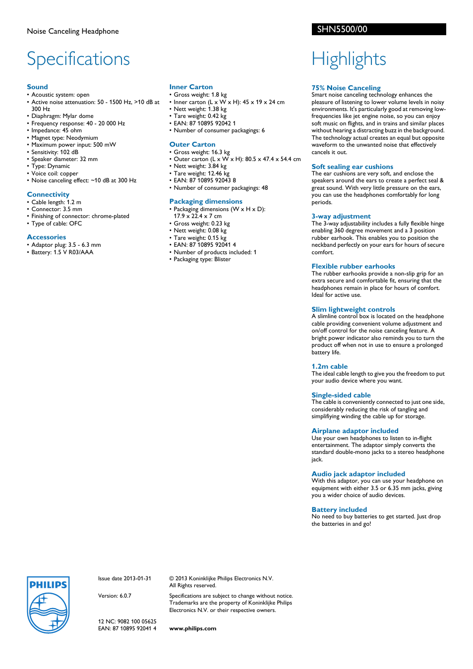 Specifications, Highlights | Philips SHN5500-00 User Manual | Page 2 / 2