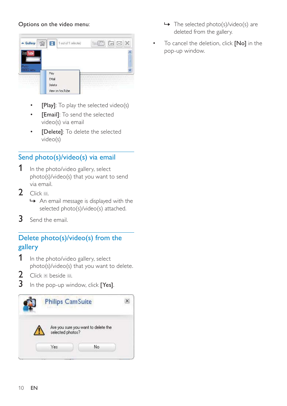 Send photo(s)/video(s) via email, Delete photo(s)/video(s) from the gallery, Delete photo(s)/video(s) from the | Gallery 10 | Philips SPZ3000-00 User Manual | Page 11 / 22