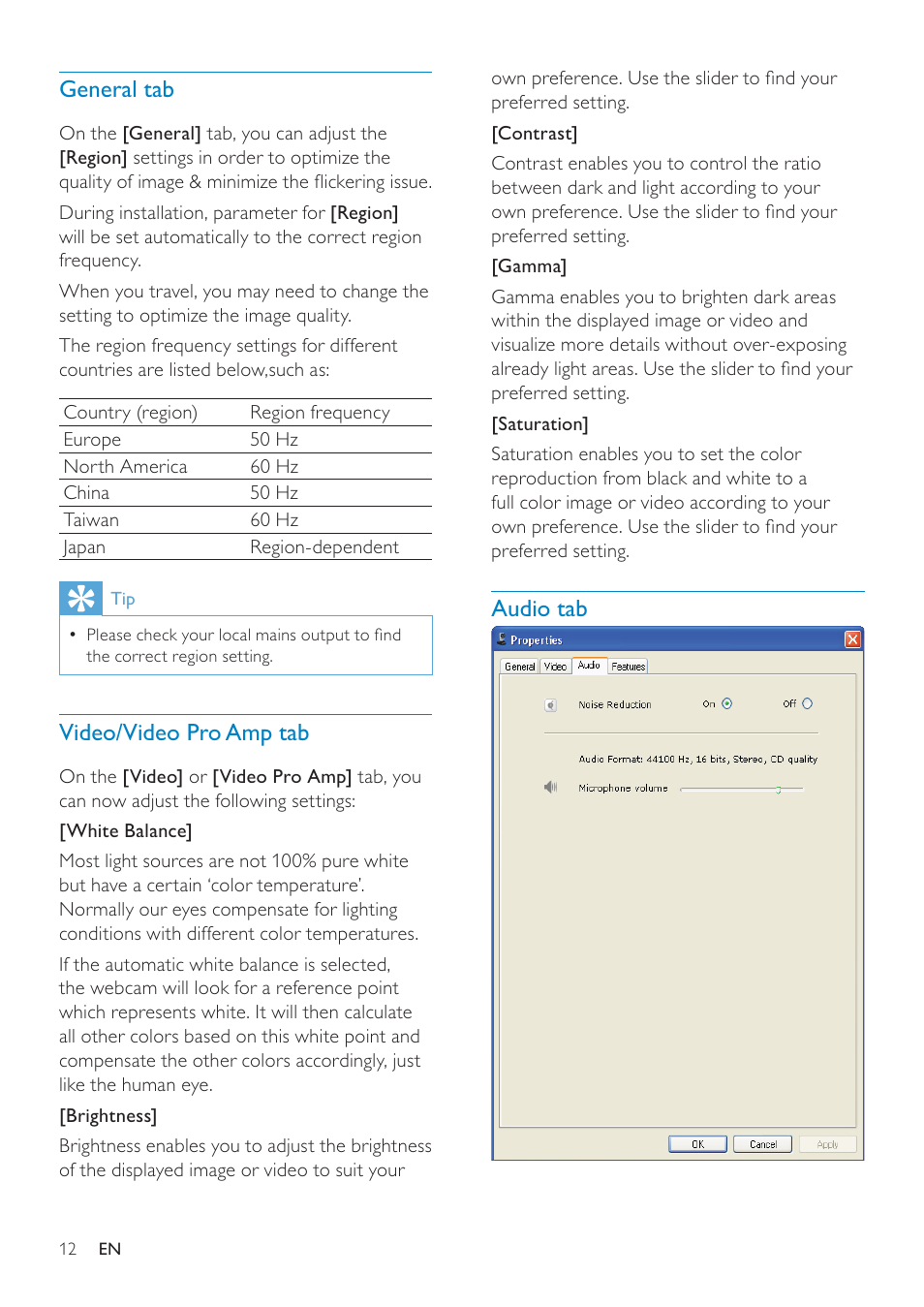 General tab, Video/video pro amp tab, Audio tab | Philips SPZ3000-00 User Manual | Page 13 / 22