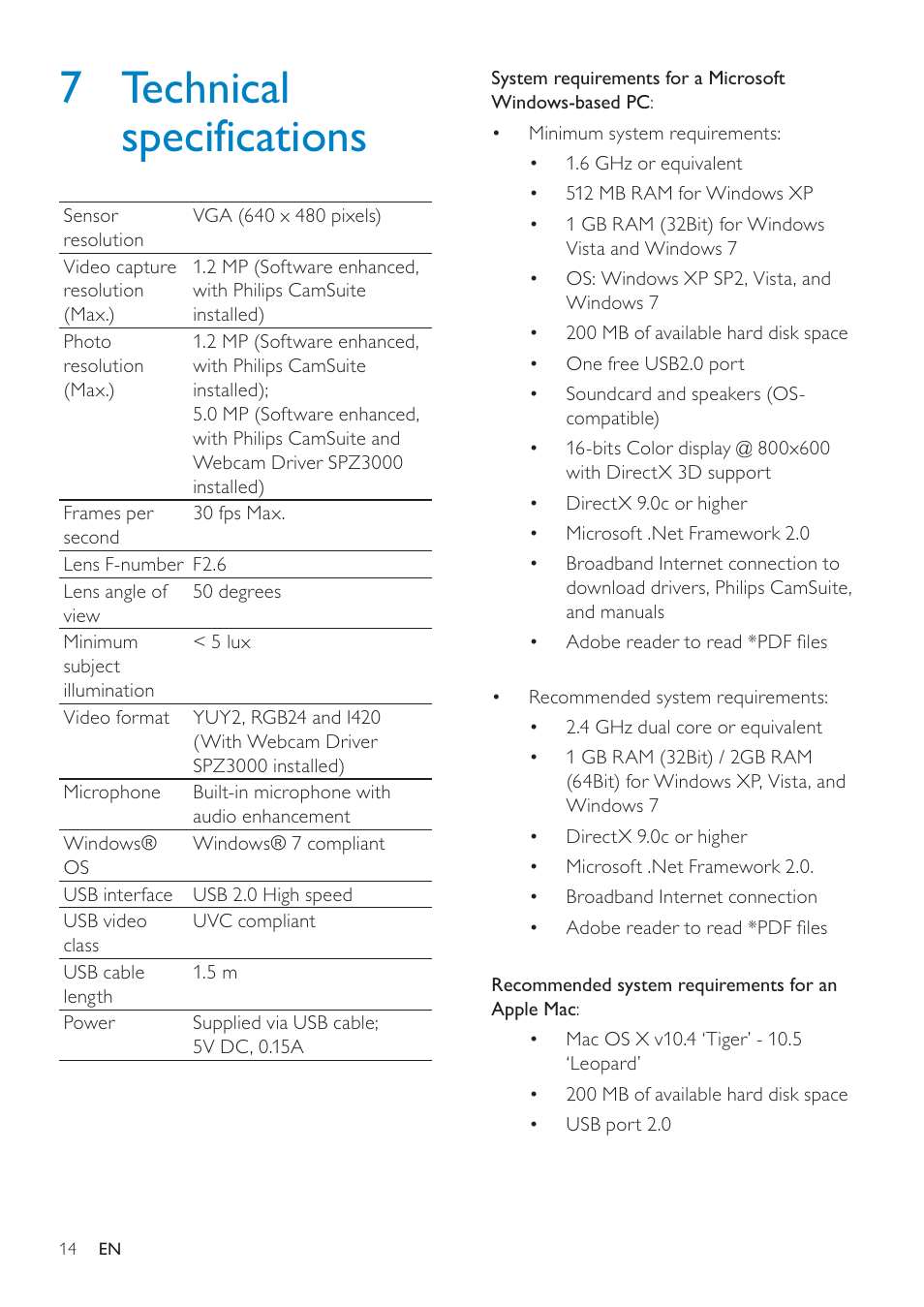 7 technical specifications, 7 technical, Speciﬁcations | Philips SPZ3000-00 User Manual | Page 15 / 22