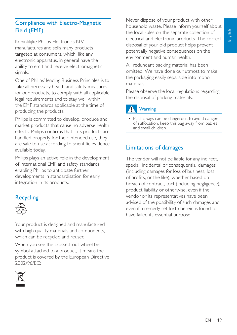 Compliance with electro-magnetic field (emf), Recycling, Limitations of damages | Compliance with electro-magnetic field, Emf) 19, Recycling 19 limitations of damages | Philips SPZ3000-00 User Manual | Page 20 / 22