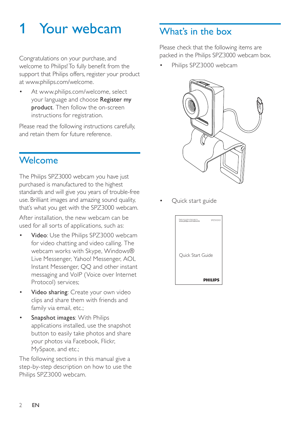 1 your webcam, Welcome, What’s in the box | 1 your, Webcam, Welcome 2 what’s in the box | Philips SPZ3000-00 User Manual | Page 3 / 22