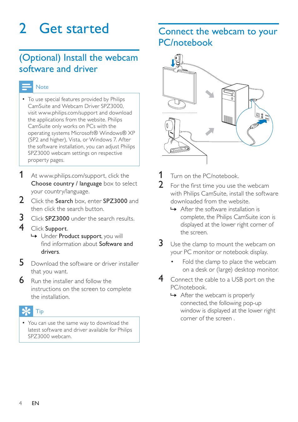 2 get started, Optional) install the webcam software and driver, Connect the webcam to your pc/notebook | 2 get, Started, Optional) install the webcam software, And driver, Connect the webcam to your, Pc/notebook 4 | Philips SPZ3000-00 User Manual | Page 5 / 22