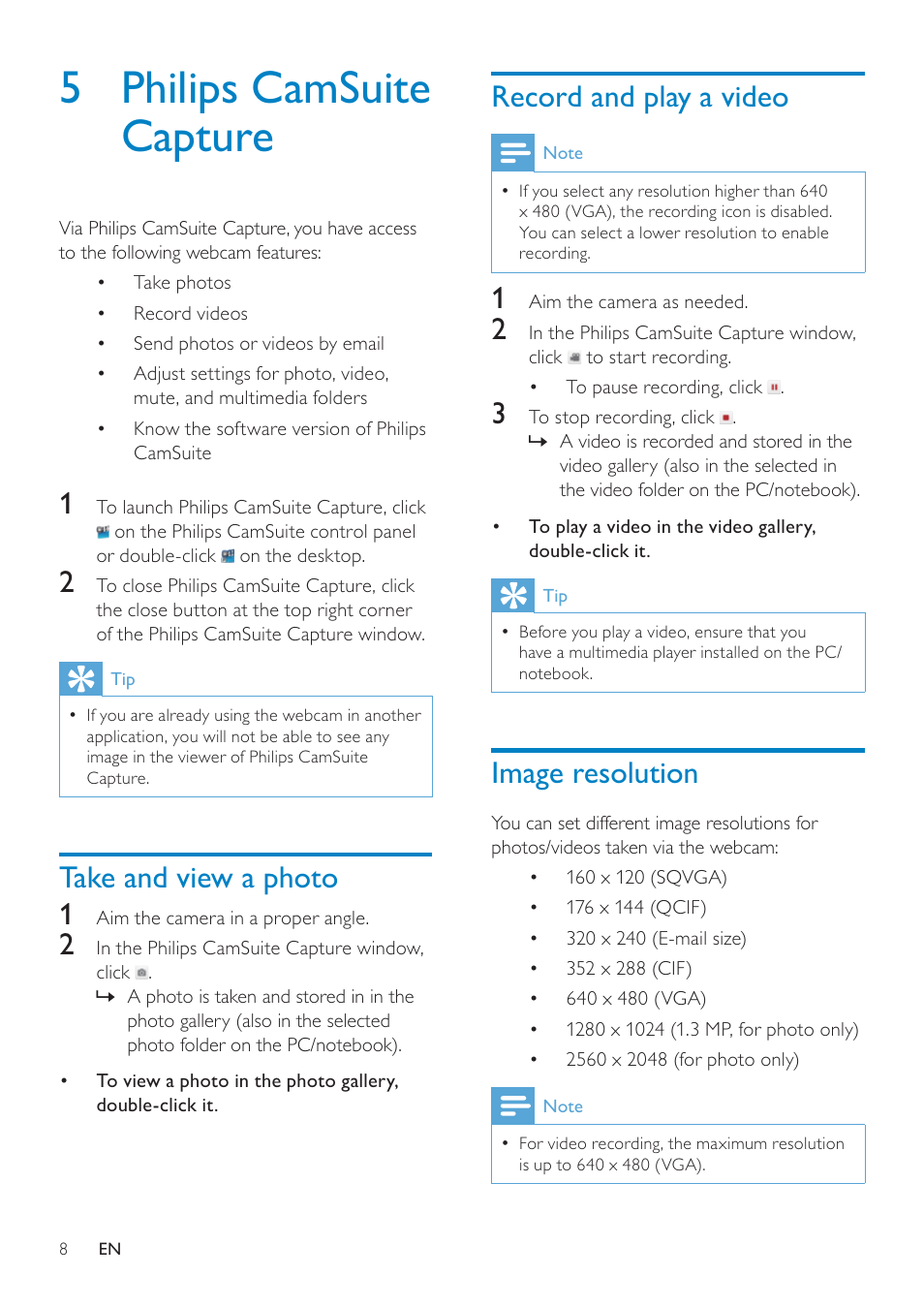 5 philips camsuite capture, Take and view a photo, Record and play a video | Image resolution, Take and view a photo 1 | Philips SPZ3000-00 User Manual | Page 9 / 22