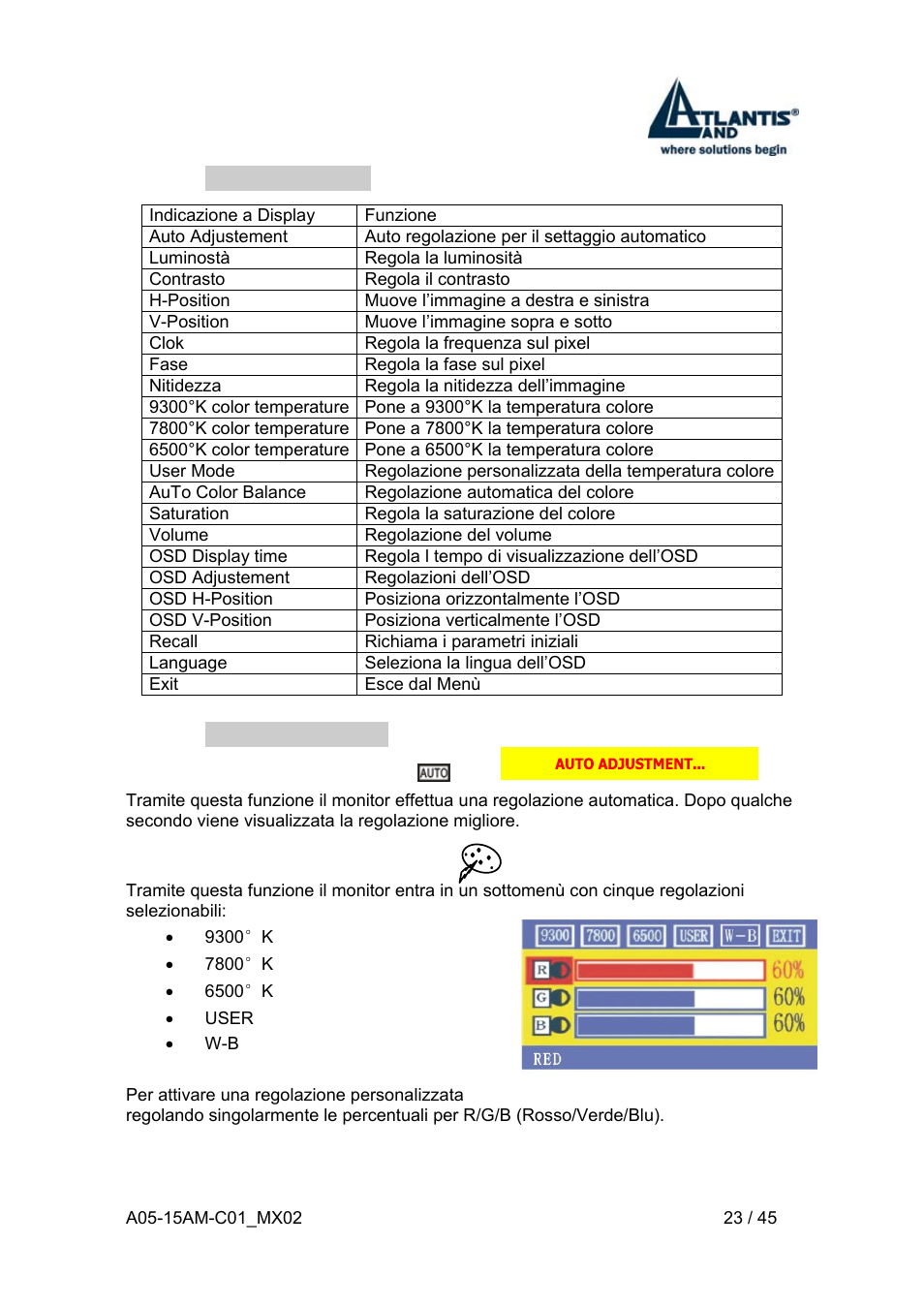 8 tavola funzioni, 2 selezione del colore ( ) | Atlantis Land I-See S 150 User Manual | Page 23 / 45