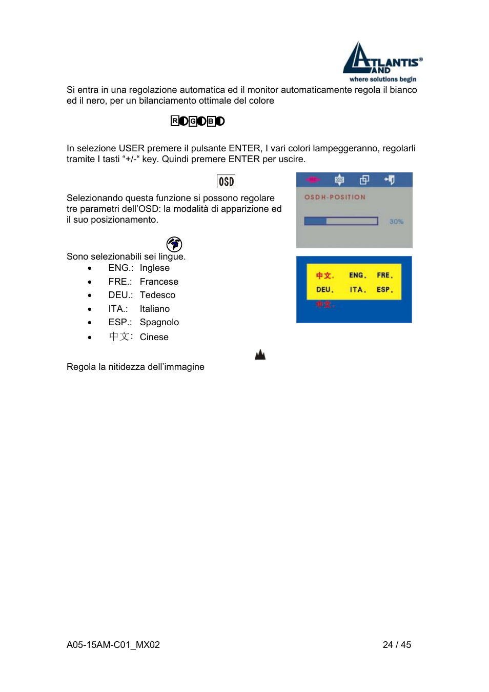 3 regolazione osd, 4 lingue ( ), 5 regolazione nitidezza ( ) | Atlantis Land I-See S 150 User Manual | Page 24 / 45