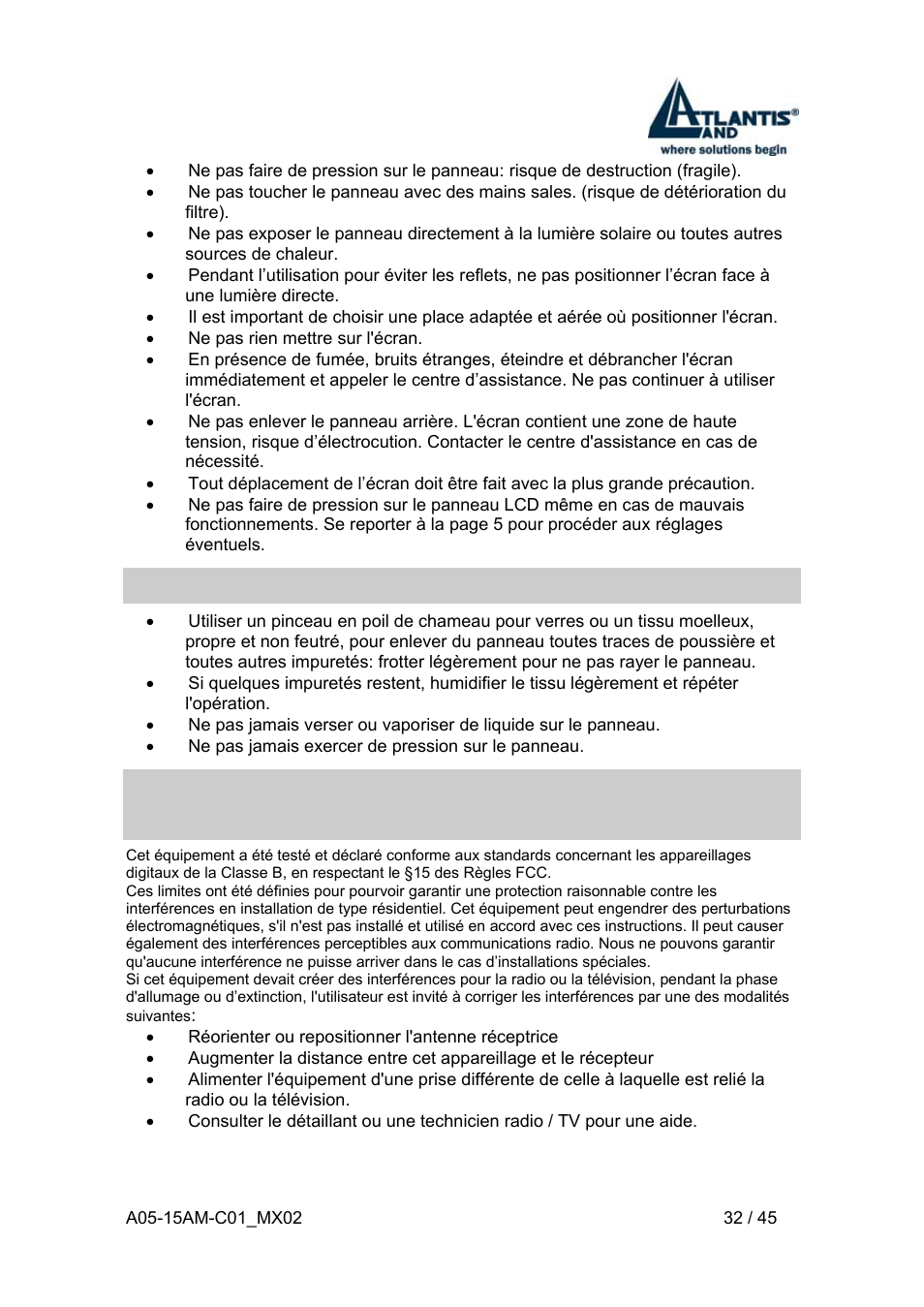 2 propreté du panneau lcd, 3 communiqué relatif aux interférences radio | Atlantis Land I-See S 150 User Manual | Page 32 / 45