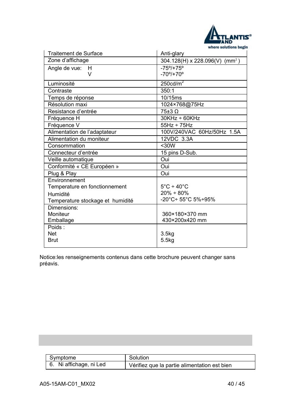 8 disfonctionnement | Atlantis Land I-See S 150 User Manual | Page 40 / 45