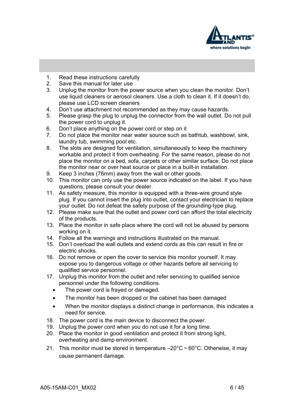 Important safety instructions | Atlantis Land I-See S 150 User Manual | Page 6 / 45
