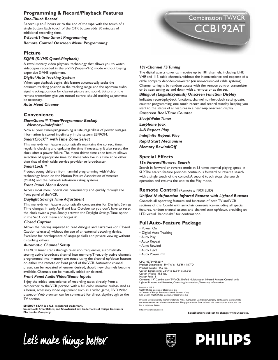 Ccb192at, Combination tv/vcr | Philips CCB192AT User Manual | Page 2 / 2