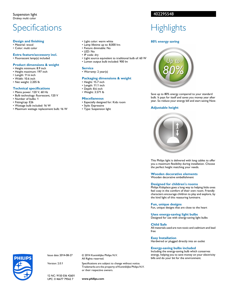 Specifications, Highlights | Philips 402295548 User Manual | Page 2 / 2