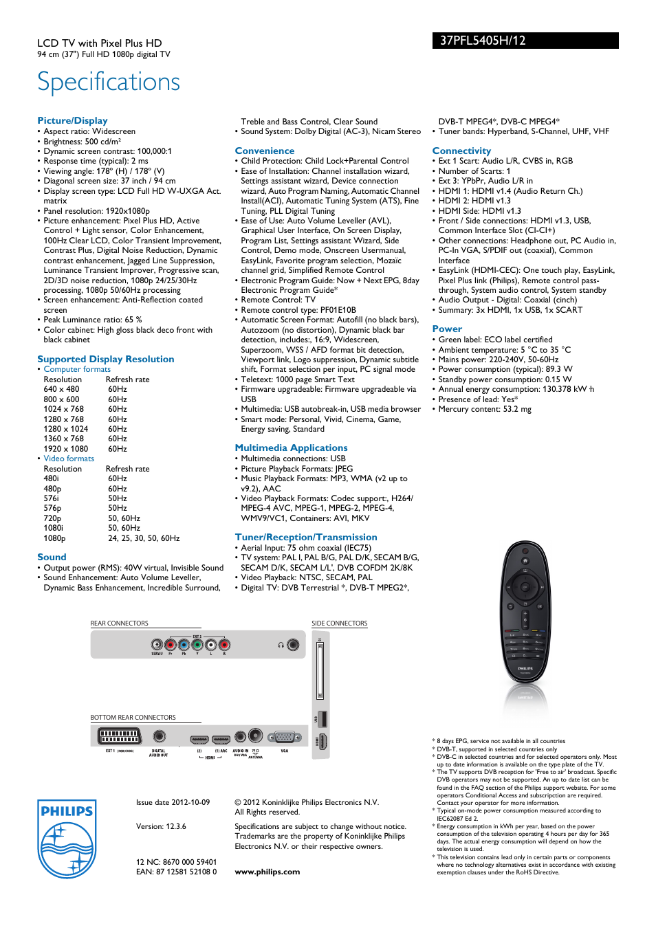 Specifications | Philips 37PFL5405H-12 User Manual | Page 3 / 3