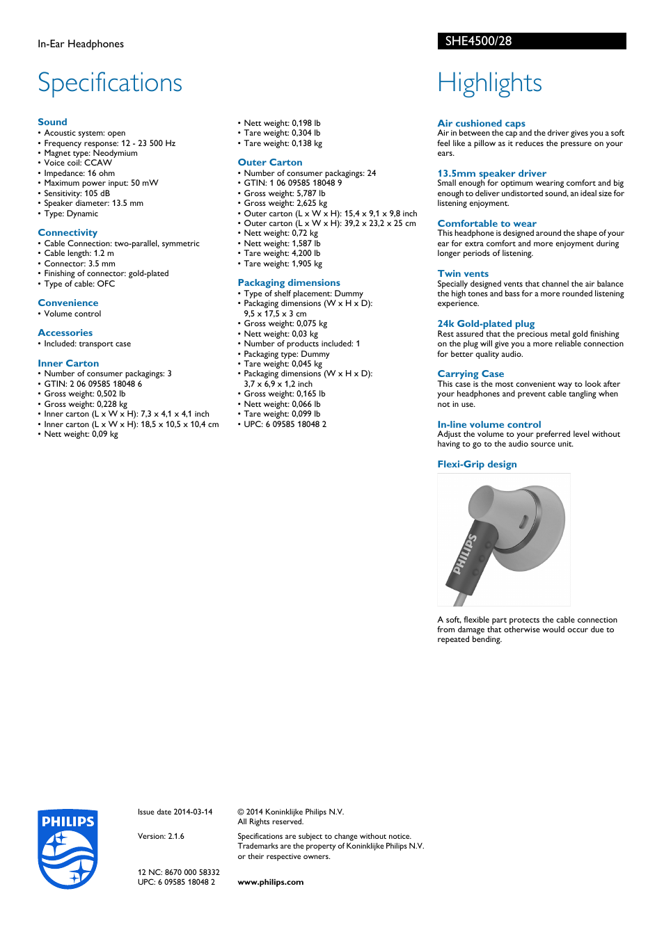 Specifications, Highlights | Philips SHE4500-28 User Manual | Page 2 / 2