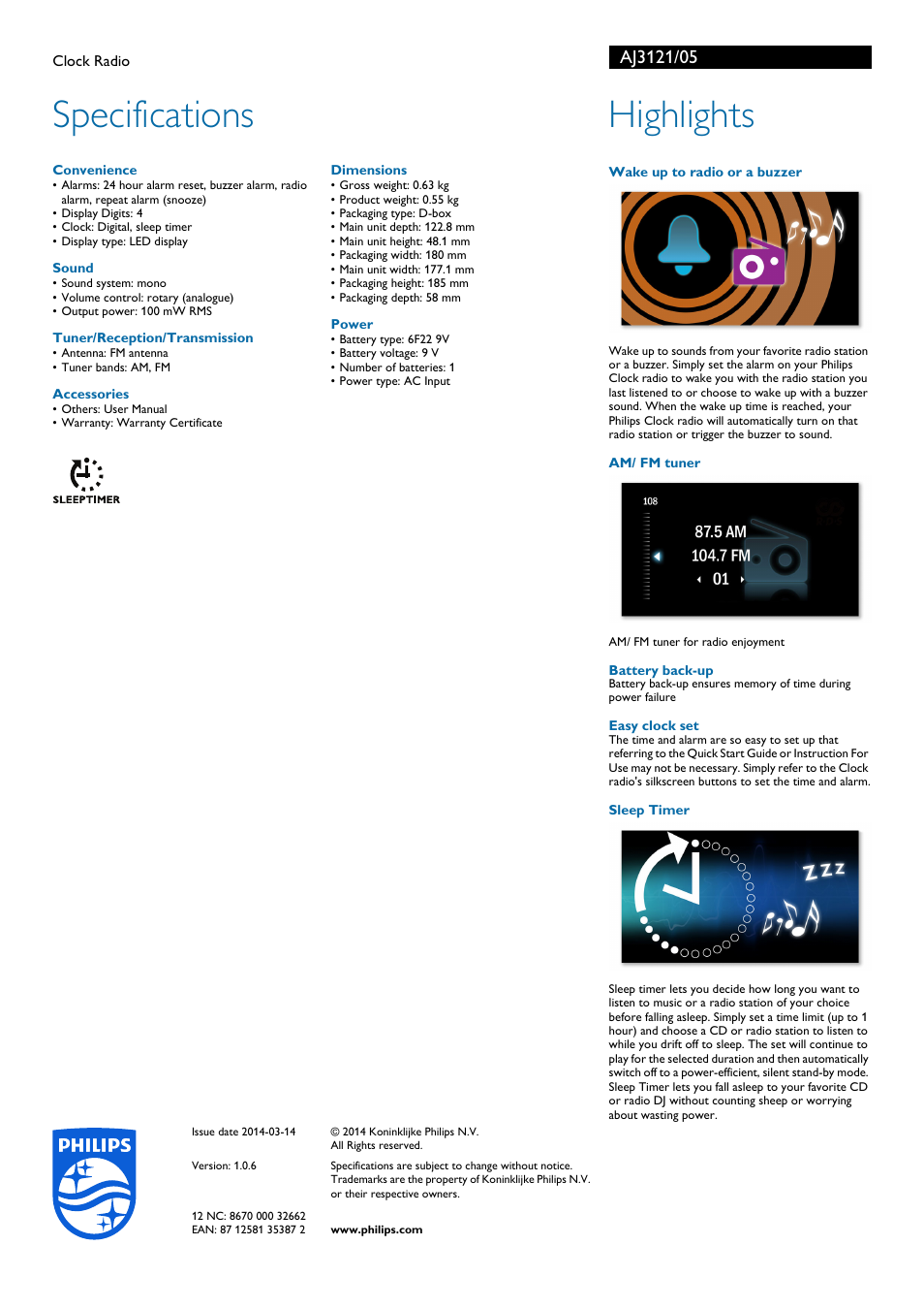 Specifications, Highlights | Philips AJ3121-05 User Manual | Page 2 / 2