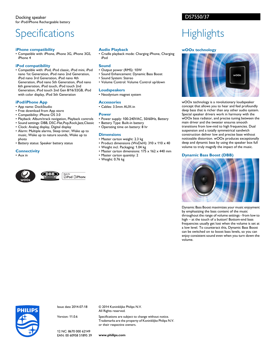 Specifications, Highlights | Philips DS7550-37 User Manual | Page 2 / 2