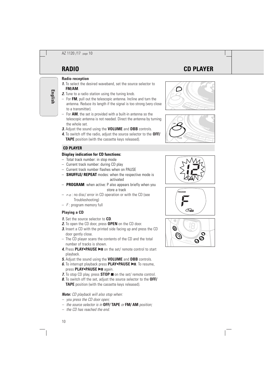 Radio cd player, English | Philips PORTABLE RADIO CASS REC + CD User Manual | Page 10 / 38