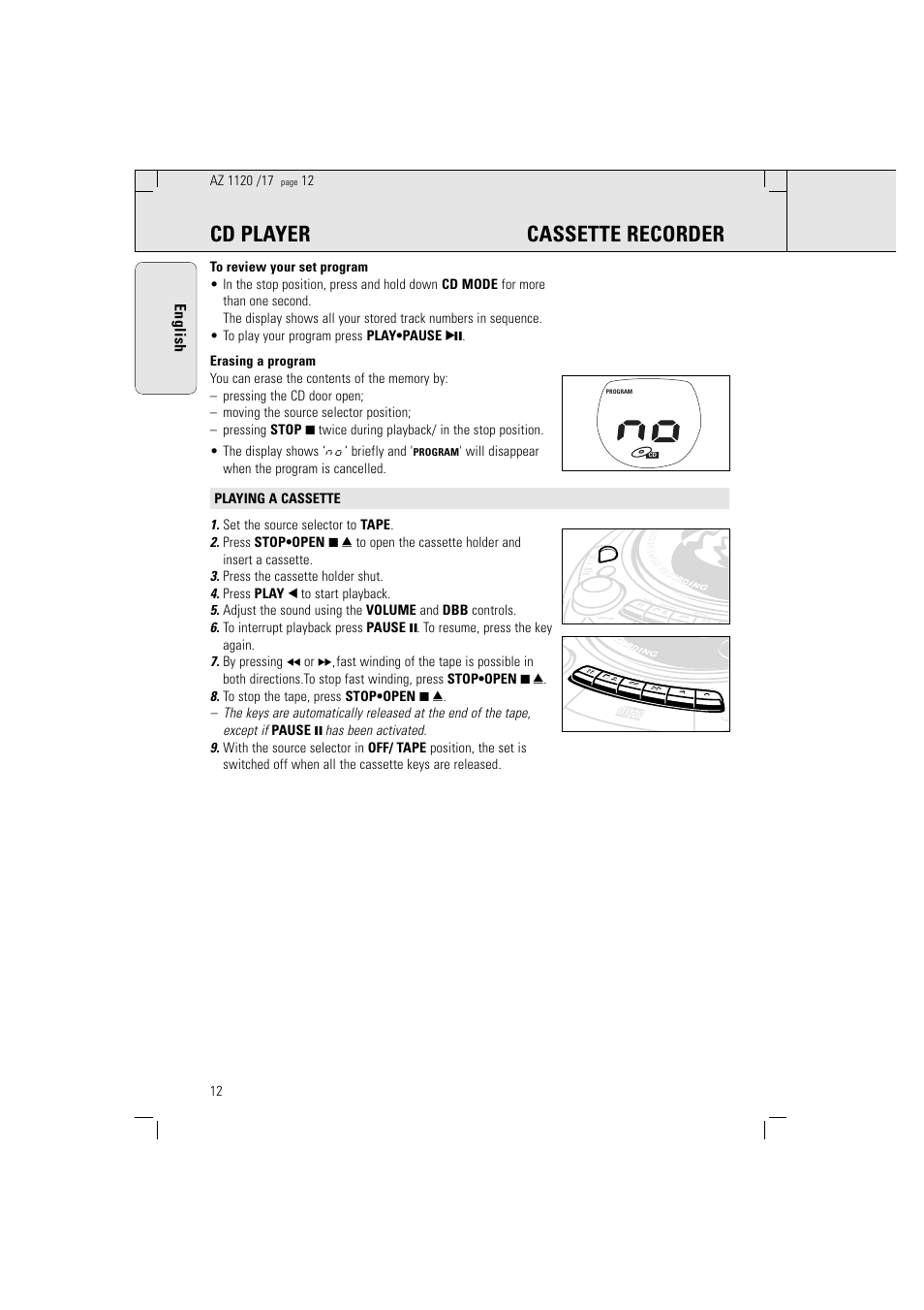 Cd player cassette recorder, English, Record | Philips PORTABLE RADIO CASS REC + CD User Manual | Page 12 / 38