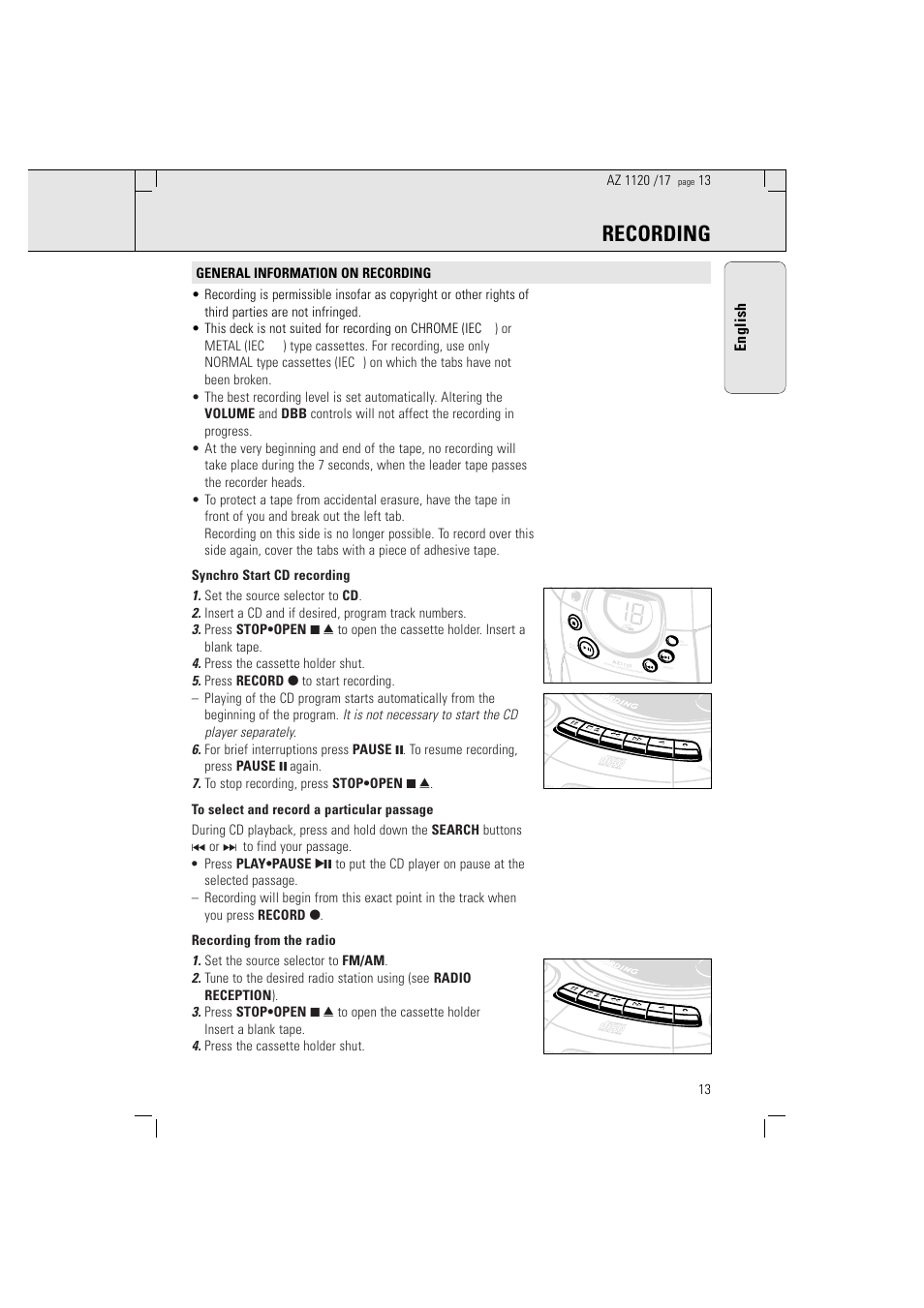 Recording, English, Record play | Philips PORTABLE RADIO CASS REC + CD User Manual | Page 13 / 38