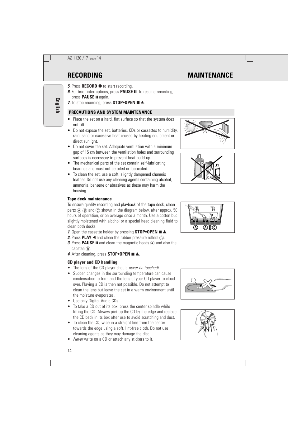 Recording maintenance | Philips PORTABLE RADIO CASS REC + CD User Manual | Page 14 / 38