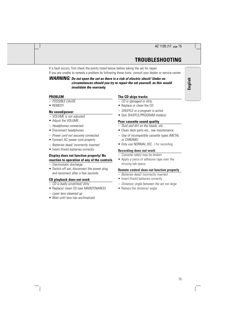Troubleshooting, Warning | Philips PORTABLE RADIO CASS REC + CD User Manual | Page 15 / 38