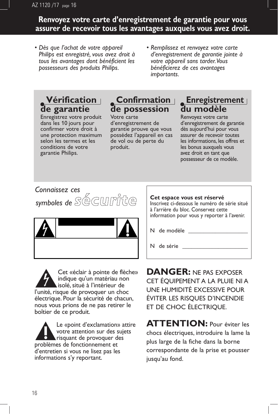 Sécurite, Vérification de garantie, Confirmation de possession | Enregistrement du modèle, Danger, Attention | Philips PORTABLE RADIO CASS REC + CD User Manual | Page 16 / 38