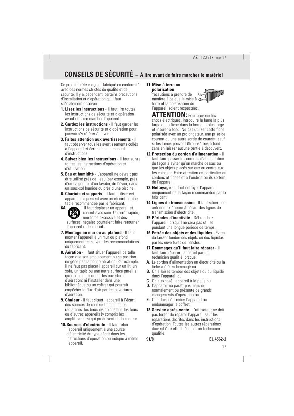 Conseils de sécurité, Attention | Philips PORTABLE RADIO CASS REC + CD User Manual | Page 17 / 38