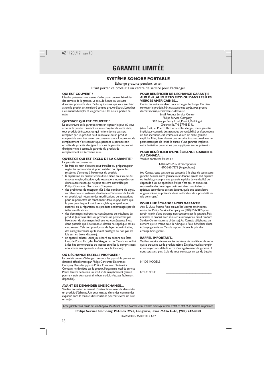 Garantie limitée | Philips PORTABLE RADIO CASS REC + CD User Manual | Page 18 / 38