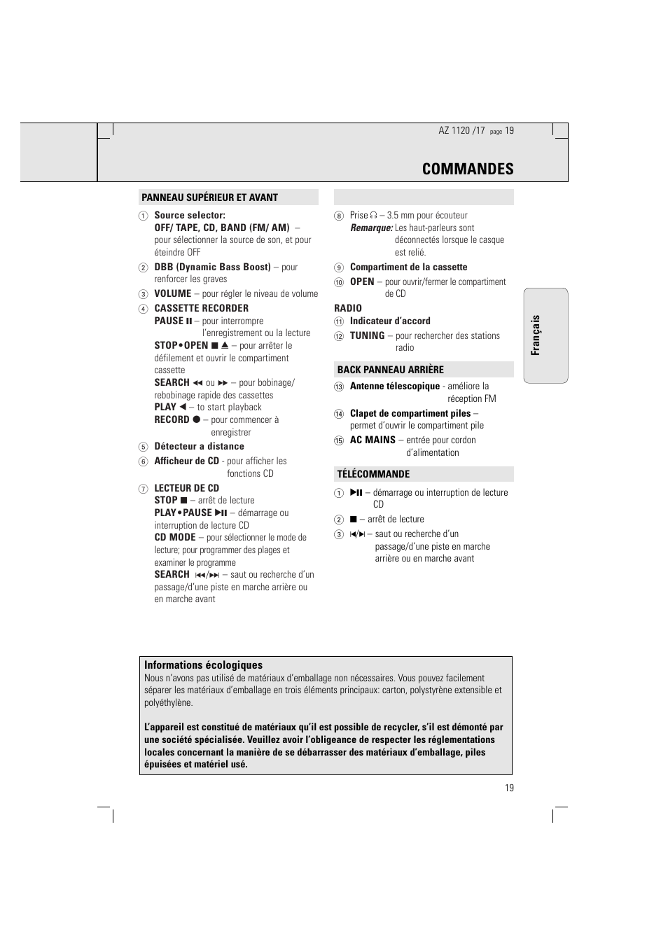Commandes | Philips PORTABLE RADIO CASS REC + CD User Manual | Page 19 / 38