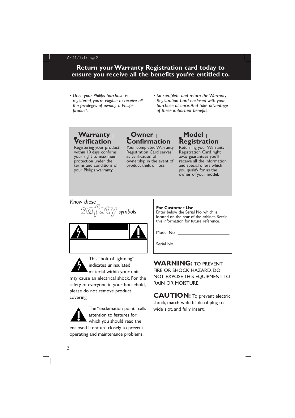 Ssa affe etty y, Warranty verification, Owner confirmation | Model registration, Warning, Caution | Philips PORTABLE RADIO CASS REC + CD User Manual | Page 2 / 38